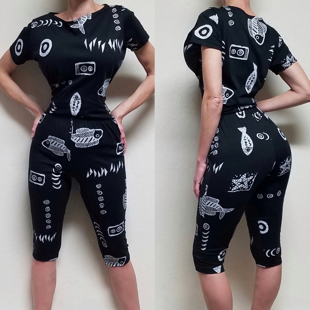 Vintage 90s NY-5 OOAK Fish Aztec Graphic Boxy Tee High Rise Capri Pants Set M